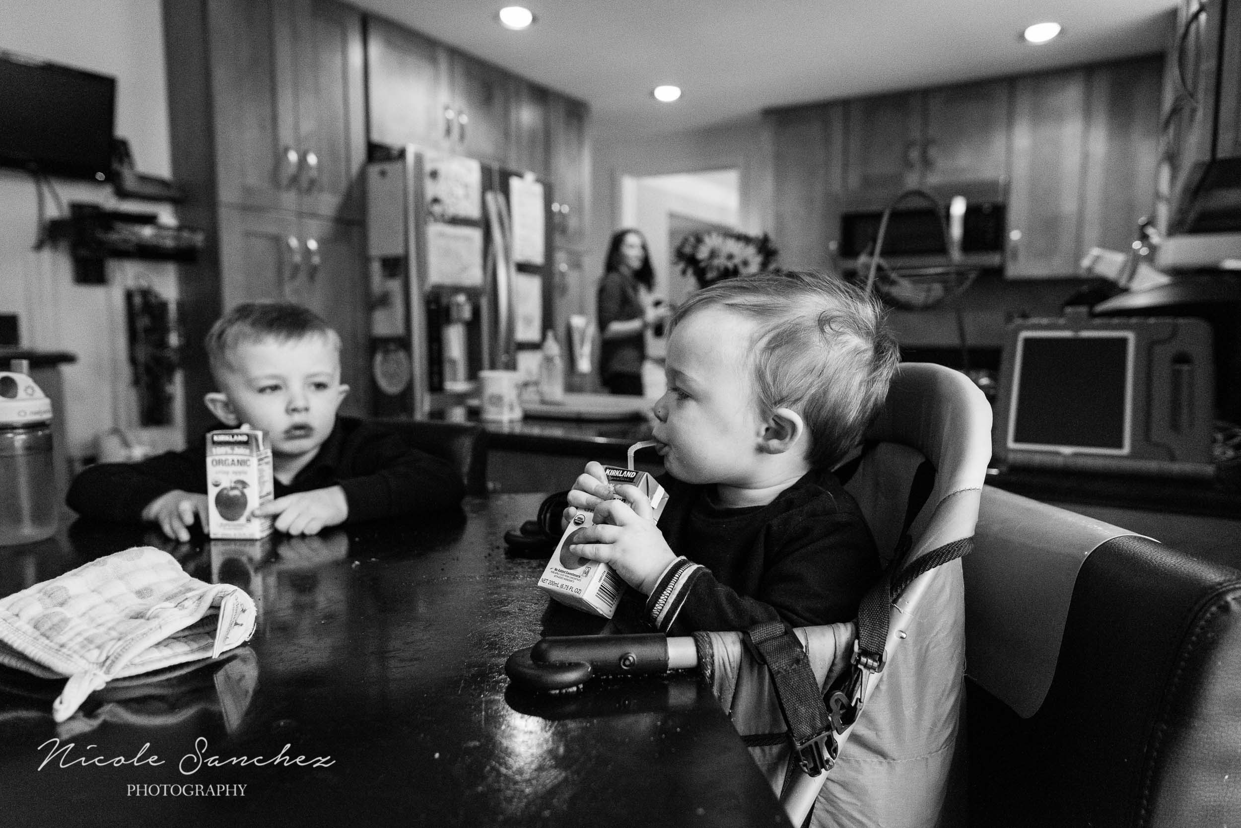 Two young boys drinking juice at table at in-home session by Northern Virginia Family Photographer Nicole Sanchez