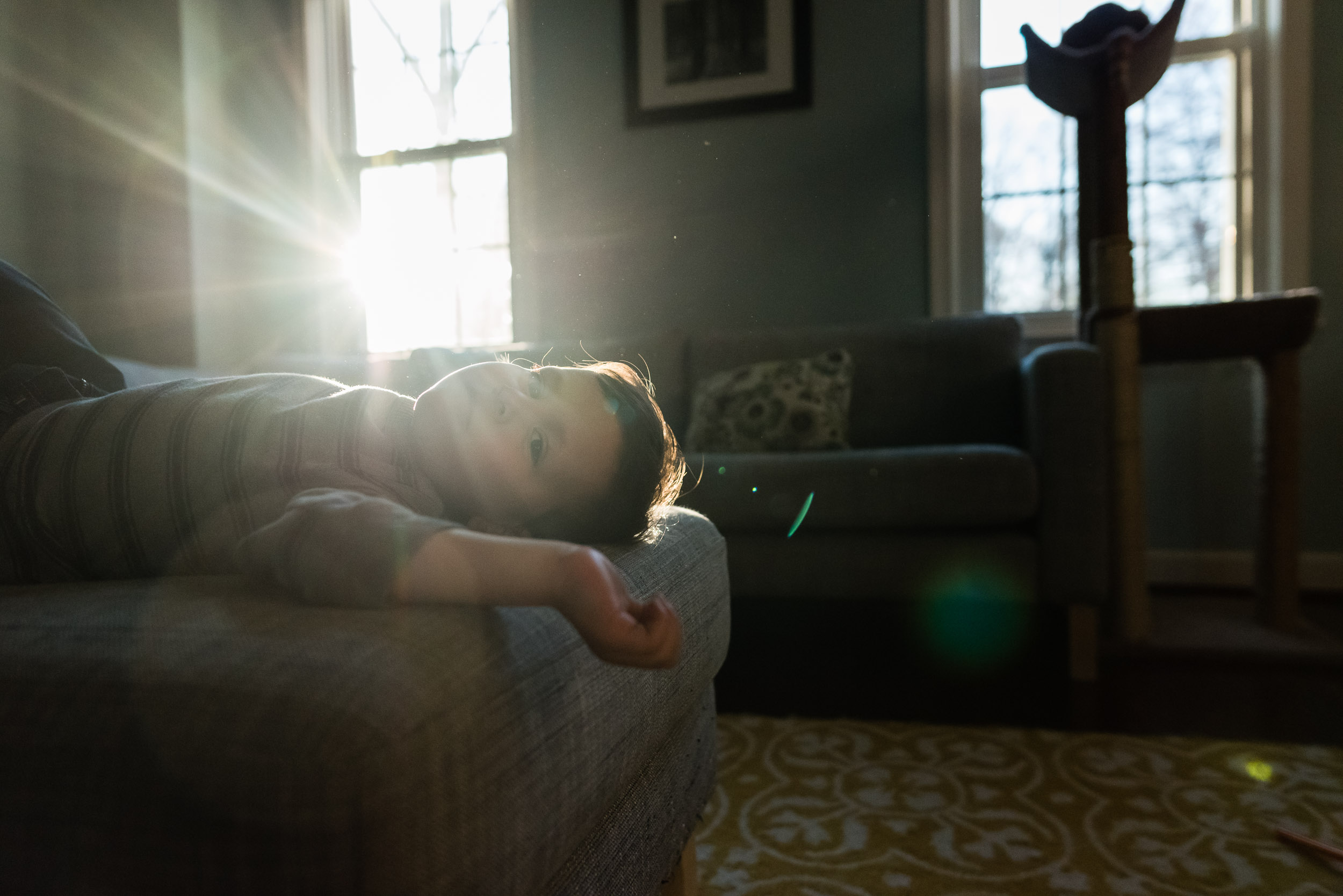 Boy resting on couch with sun flare by Northern Virginia Family Photographer Nicole Sanchez