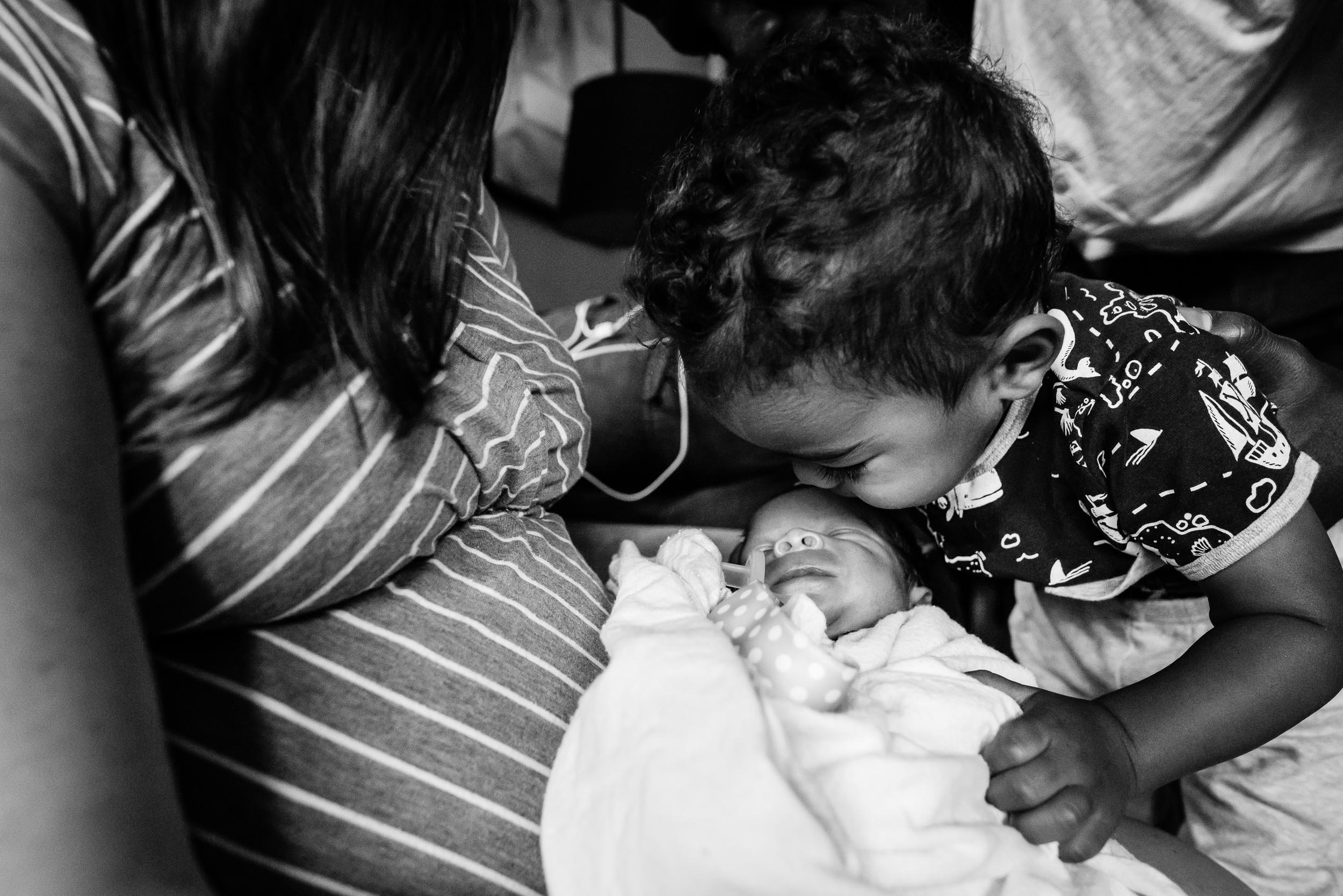 brother kissing newborn baby by northern virginia family photographer nicole sanchez