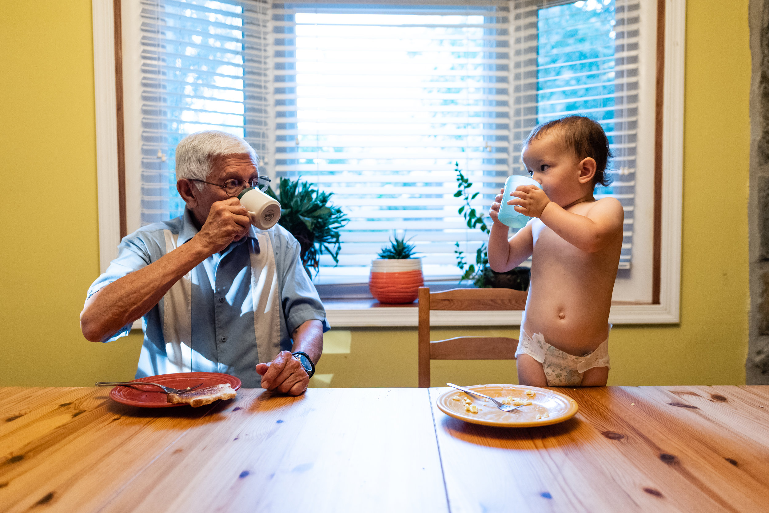 Toddler and Grandpa drinking coffee together by Northern Virginia Family Photographer Nicole Sanchez