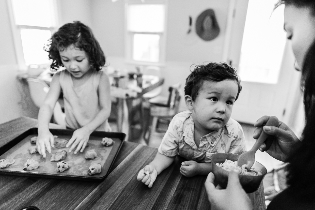 Kids preparing to bake cookies with mom by Northern Virginia Family Photographer Nicole Sanchez