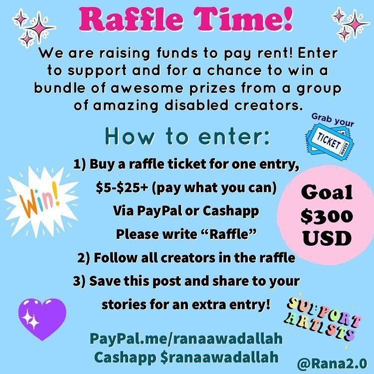 The talented @rana2.0 is an awesome and kind disabled Black artist who has put together this amazing raffle all from disabled artists and creators!!! 

PLEASE buy raffle tickets and help Rana make rent while also getting a chance to win a bundle of a