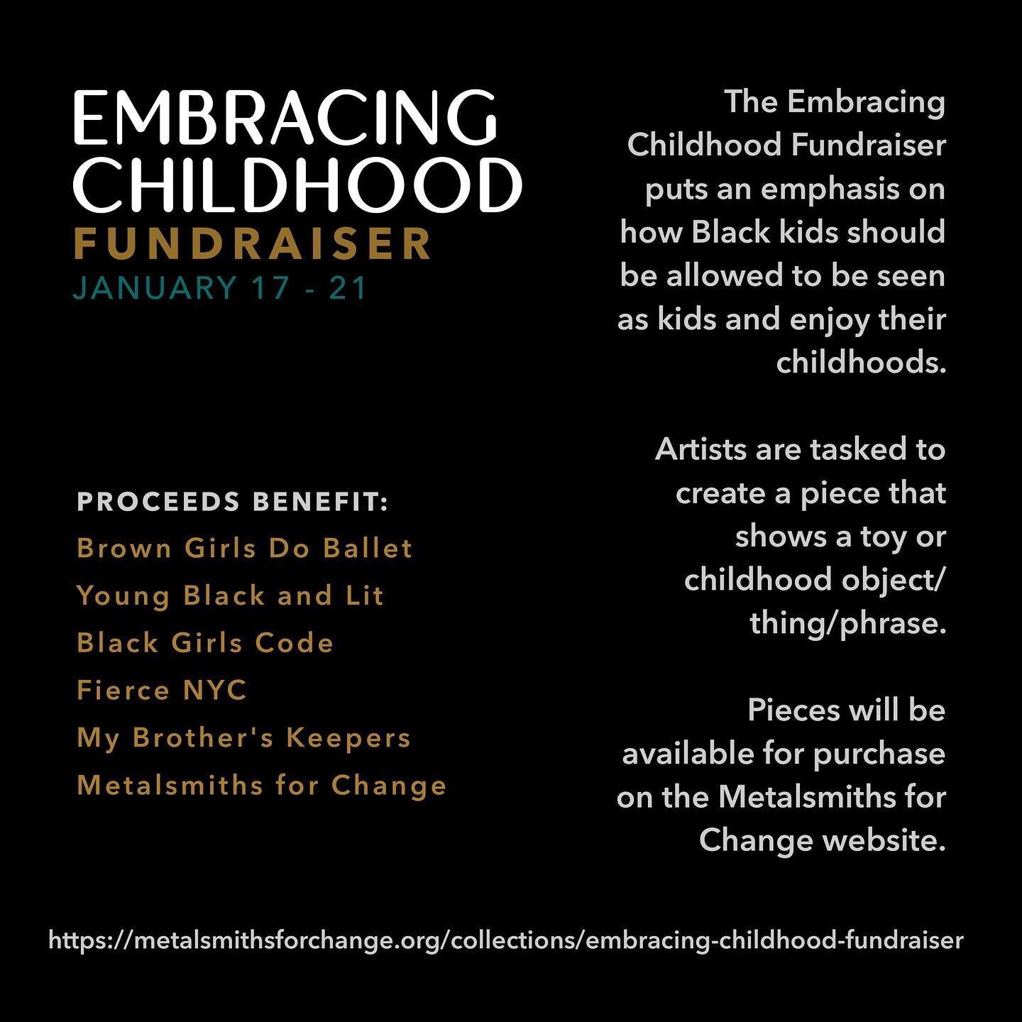 The Embracing Childhood Fundraiser through @metalsmithsforchange focuses on the youth to put an emphasis on how Black kids should be allowed to be seen as kids and enjoy their childhoods. Artists are tasked to create a piece that shows a toy or child
