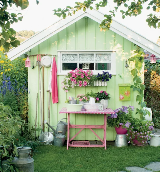 ADD COLOUR & STYLE Muted paint shades addvintage charm & lightweight, pretty fabric adds a fresh, summery feel. Image from: How To Decorate & Furnish Your Favourite Garden Room by Sally Coulthard