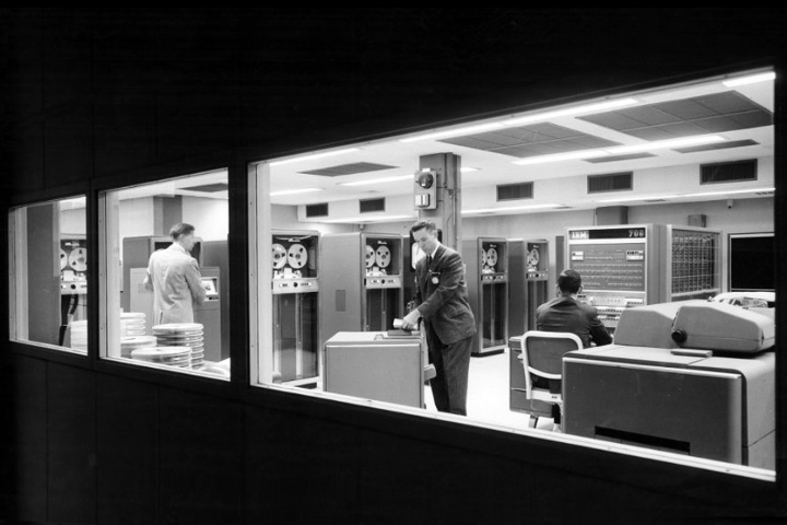 A glass room circa 1958, housing a then-new IBM computer (source: Computer History Museum, courtesy of IBM )