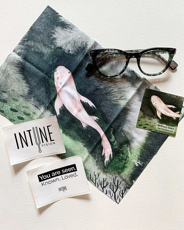 So happy to receive my @intunevision frames in the mail! As well as printed lens cloths with my koi painting that was inspired by the frame design, called Discover: Mossy Rock. These frames are super comfortable and they compliment my face really wel