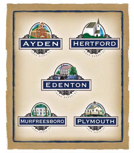 Distinct family of sustainable tourism brand logos that highlight the history of each town