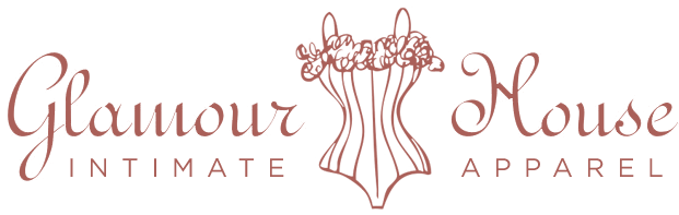 Glamour House Intimate Apparel logo in pink letters showing a playful illustration of women's negligee.