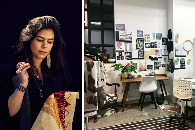 Left: Photo of artist Samar Hejazi. Photo by Shannon McClatchey. Right: Adria Mirabelli’s studio. Courtesy of the artist.