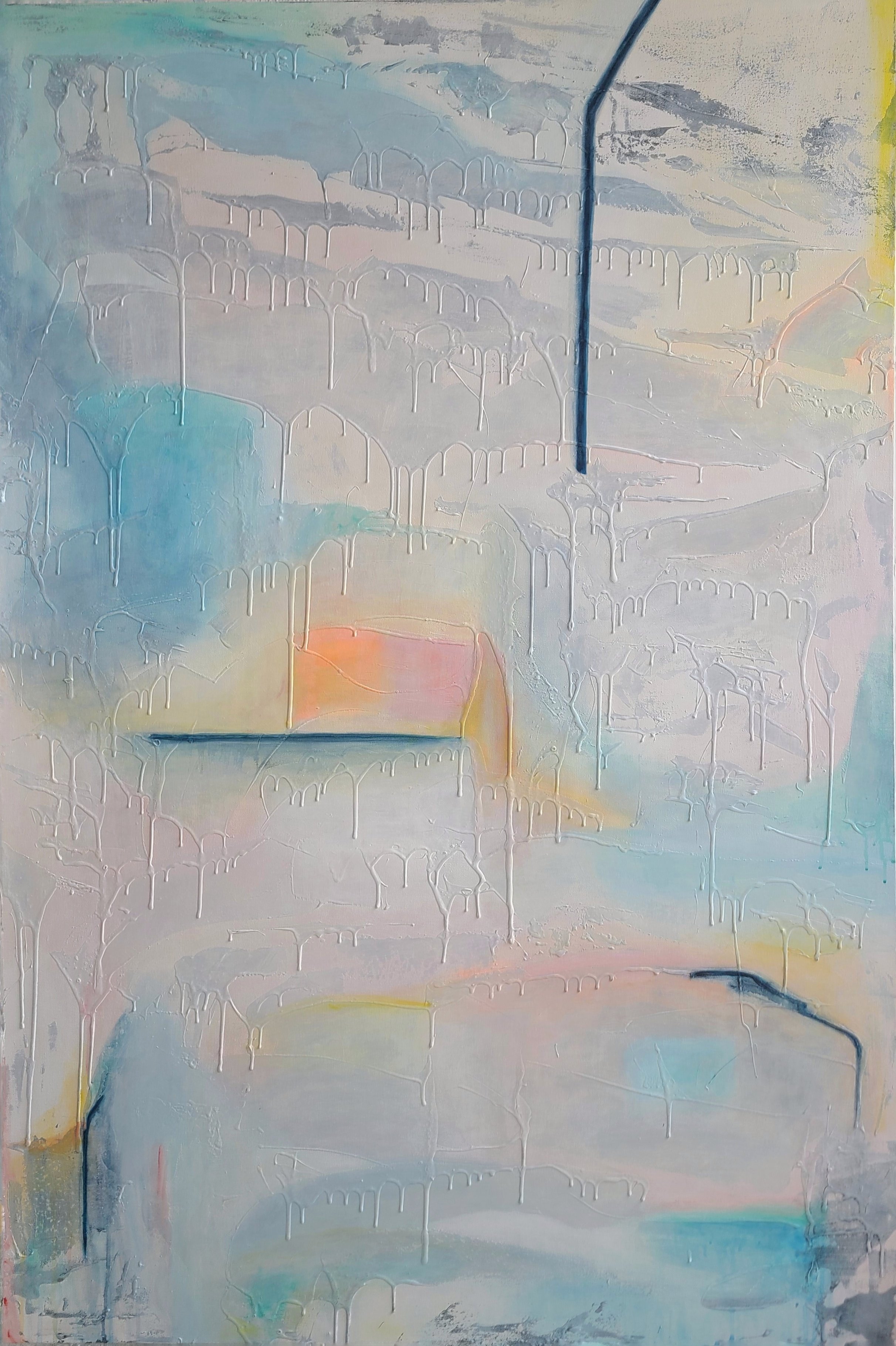  Linds Miyo’s painting, Play with the Shadows, is an abstract painting of white, light blue, grey, and some hints of orange yellow and pink. Has some strong, dark blue lines, but mainly consists of soft blends of light colours and subtle paint drips