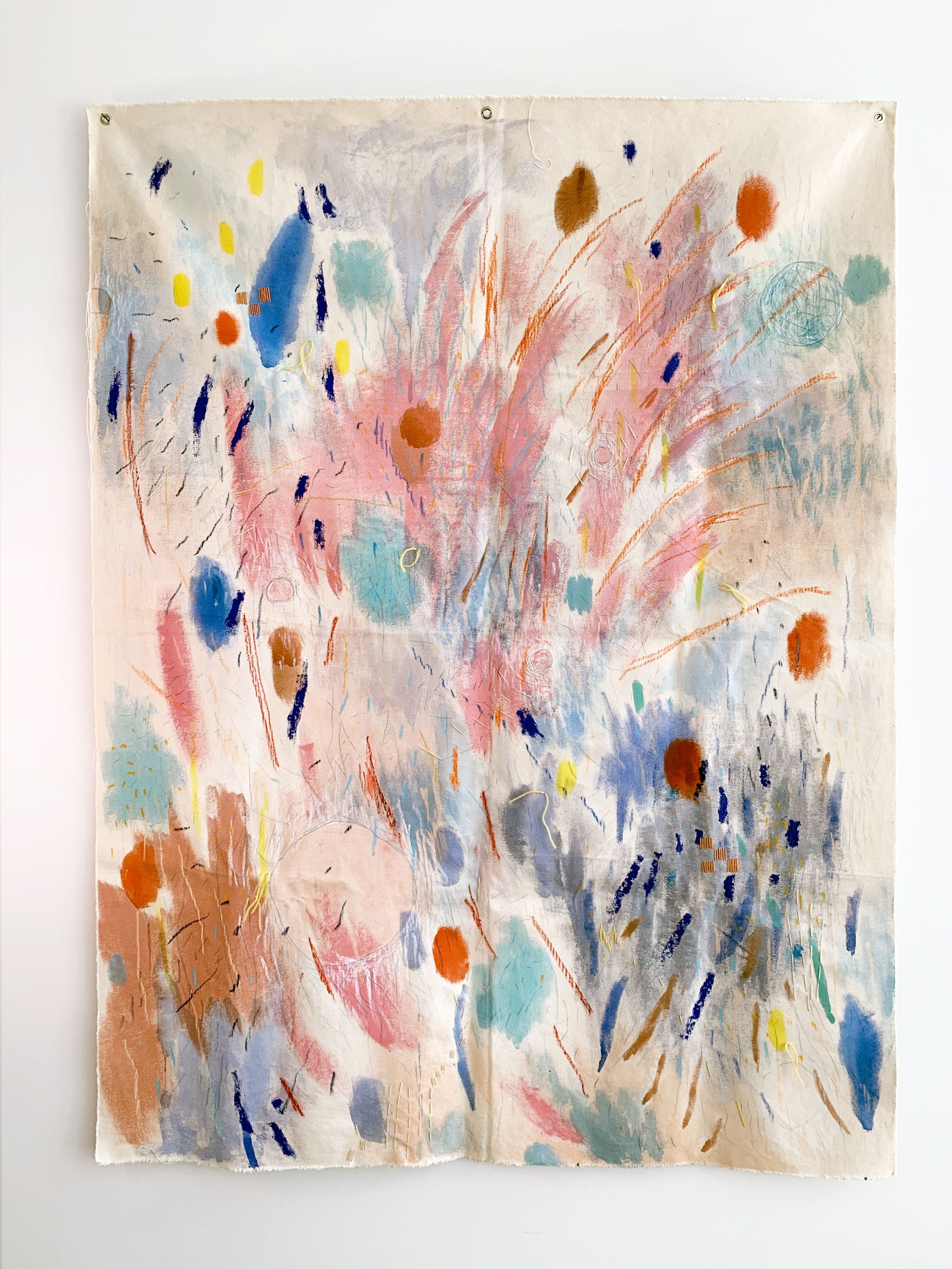   Amada Estabillo’s painting Roman Candle is a bright, abstract painting, reminiscent of tall grass, with wisps of pink, blue and spots of brown, red, orange, and yellow.  