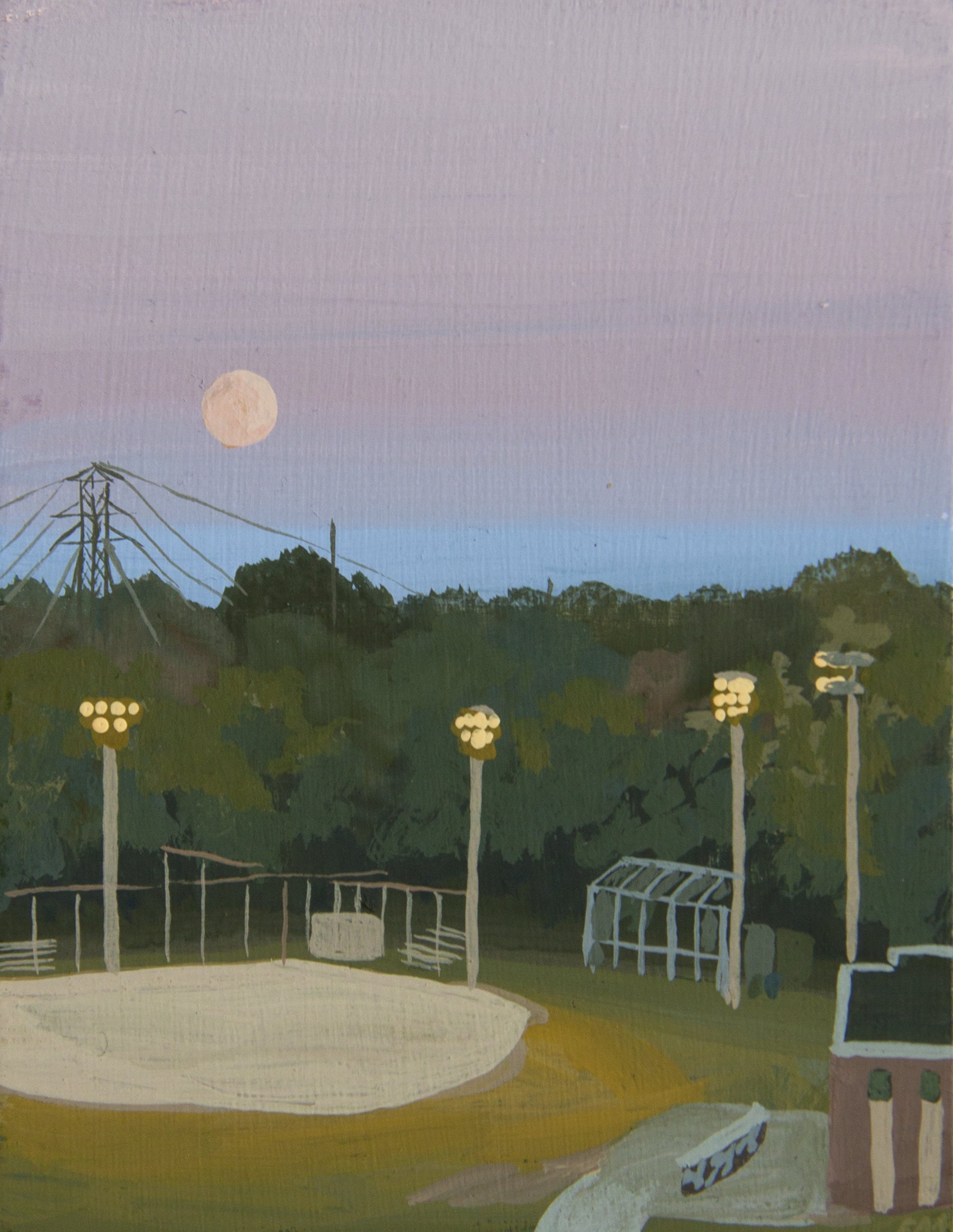   An image of Erin McCluskey’s painting Moon Rising Riverdale Park, which shows a pink and blue sunset, with a whole moon over the baseball diamond and trees of Riverdale park.  