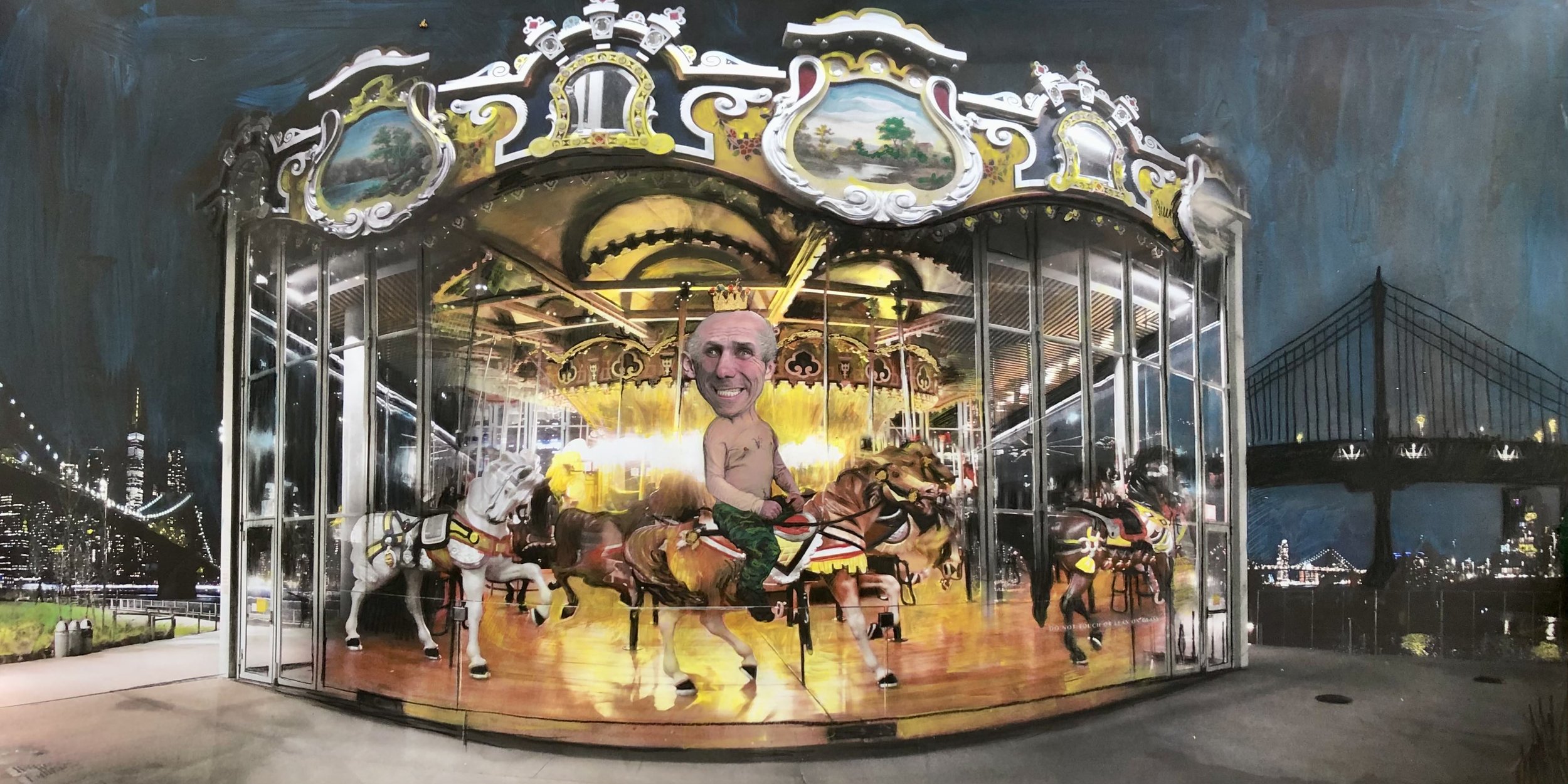   An image of Jason Bomers’ work, a painting and collage of a merry-go-round in motion, against a cityscape at night. In the center, a shirtless man in army pants and a crown rides one of the horses on the merry-go-round. His face is smiling, reminis