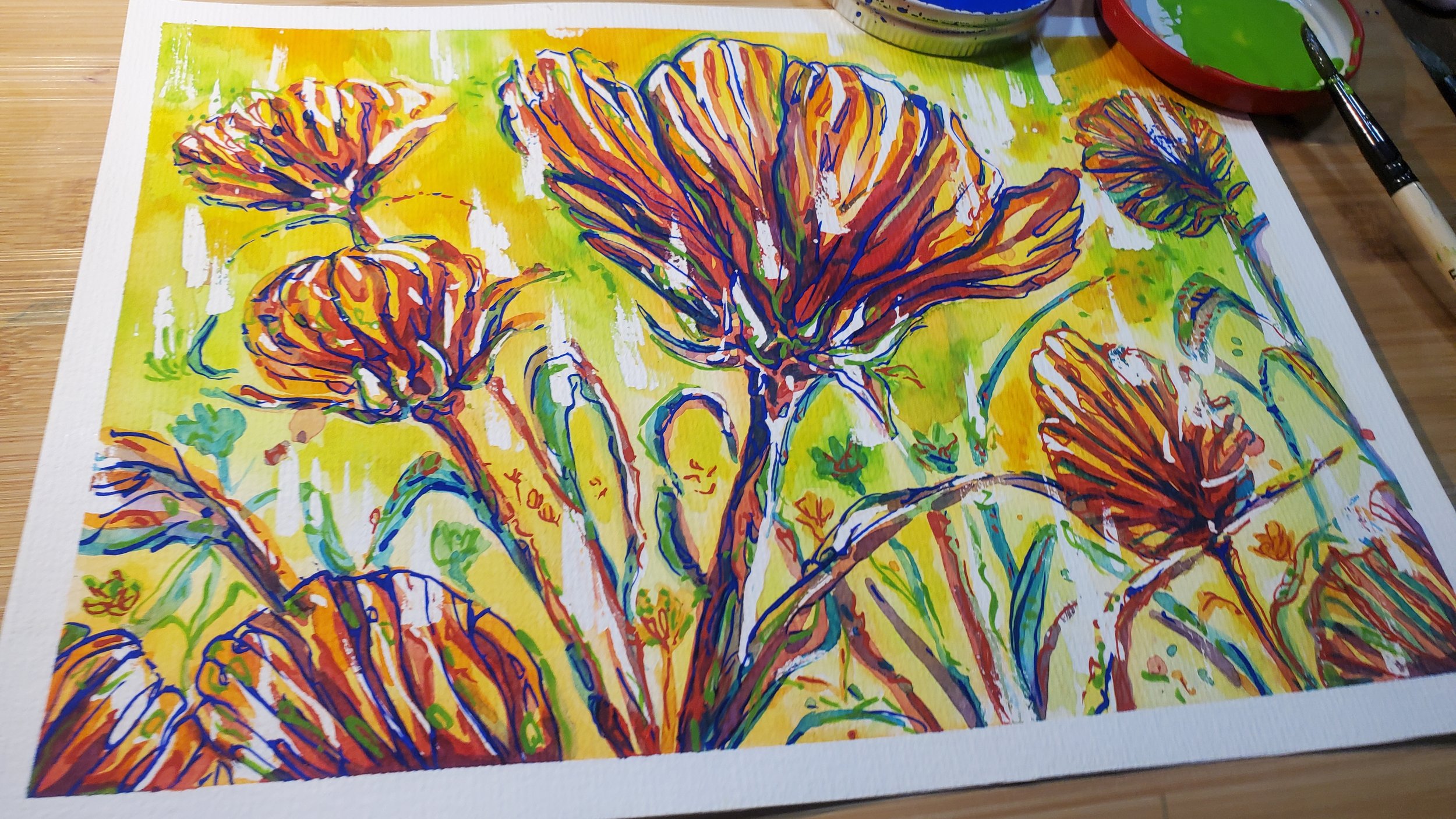   An image of Tiana Robinson’s painting, on paper. Vibrantly coloured flowers in red, orange, blue and yellow spring up against a yellow and green background.  