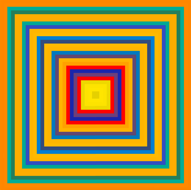 Concentric squares of colour radiate outward from the centre in smooth, rhythmic layers. The palette moves through a spectrum of yellows—soft lemon, amber, gold, ochre, and orange—each hue shifting subtly into the next.