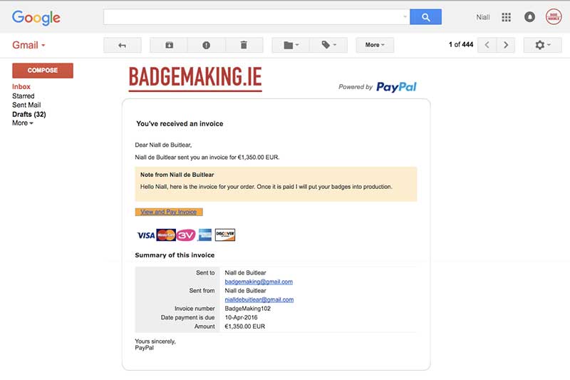 When a Paypal Invoice is sent the customer receives an email that looks like this 