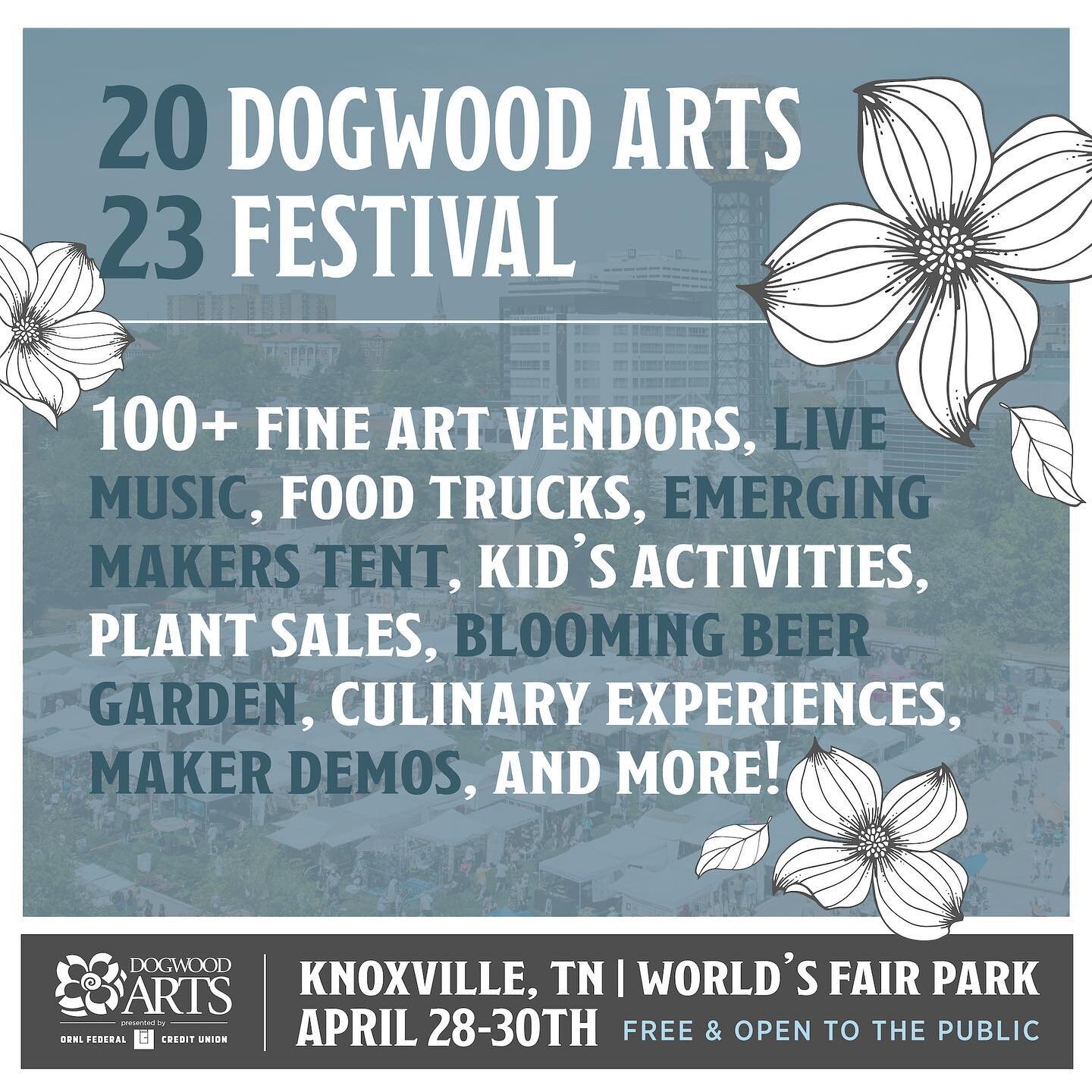 We're excited to be a part of the 2023 Dogwood Arts Festival 🌸 Join us April 29th-30th next to the Amphitheatre in World's Fair Park! Saturday: 10AM-7PM, Sunday: 10AM-5PM ✨ Event Details &rarr; dogwoodarts.com