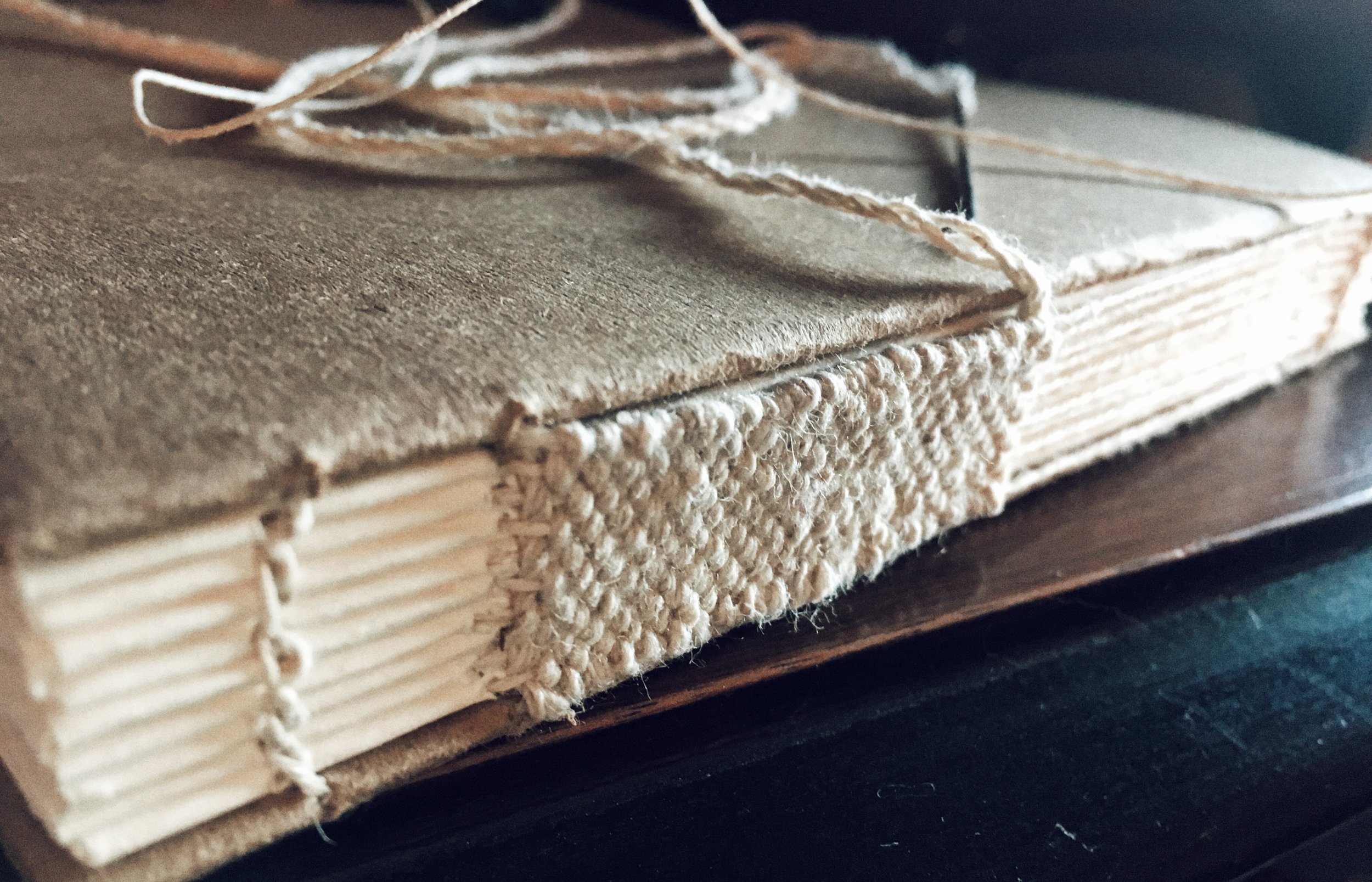 Long stitch sewing on an open spine. The "long" part of the stitch has been turned into a loom at this point; a fun variation on the traditional technique.