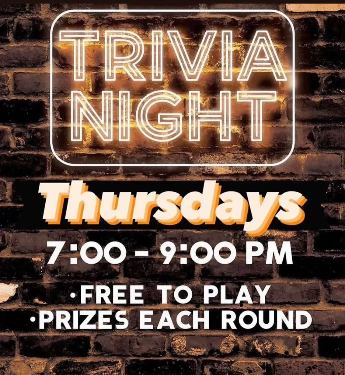 TOMORROW &bull; 7PM 🧠
Your weekly dose of friendly competition + prizes.

NEXT THU 10/2 &bull; Horror Movie Trivia 🎬🔪
Freddy vs. Jason vs. YOU. Come ready for slashers, jump scares, and cult classics.