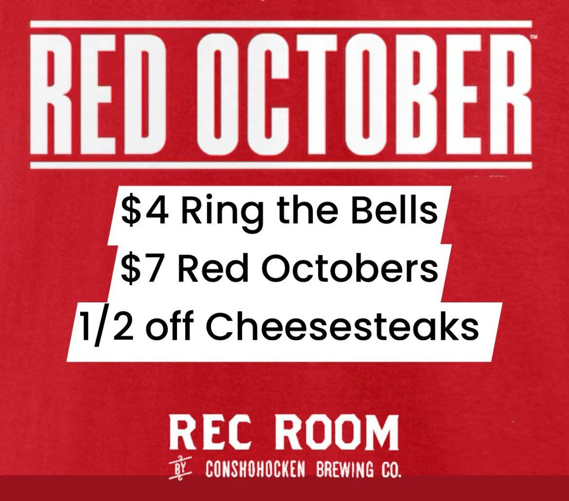 It&rsquo;s RED OCTOBER at Rec Room! 
During the game you&rsquo;ll enjoy $4 Ring the Bell drafts, $7 Red October mixed drinks, and 1/2 off Cheesesteaks (in our main bar / game room area). See you today for Game 1 and go Phils! 🔔🍻🙌