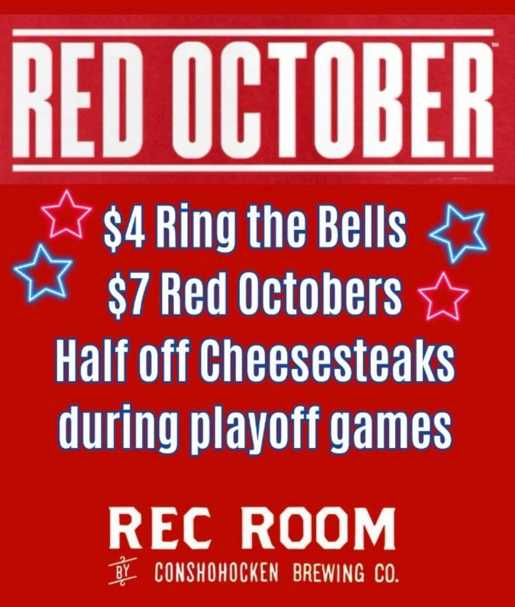 Tonight&rsquo;s the night &mdash; and Rec Room&rsquo;s the place. No trivia tonight, just the Phils + Birds taking over.

🔔 Phillies 6:08 &rarr; $4 Ring the Bells, $7 Red Octobers, &frac12; off cheesesteaks
🦅 Eagles 8:15 &rarr; Happy Hour + $5 Mike