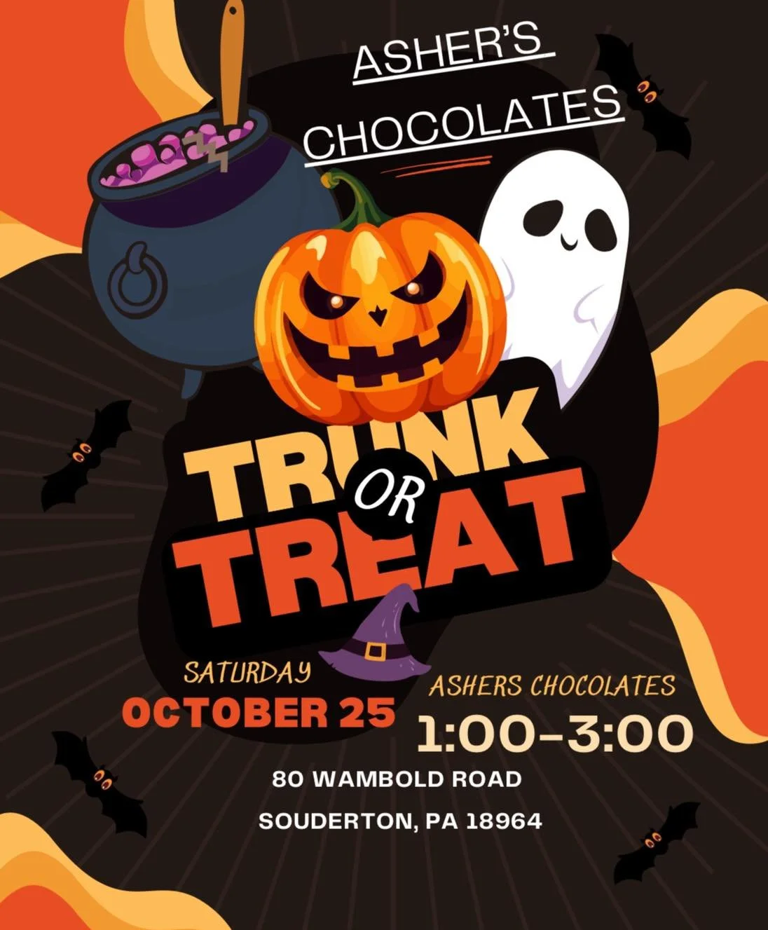 The final @asherschocolates Beer Garden of the year is here &mdash; and it&rsquo;s going to be a good one! 👻

📆 Saturday, 10/25
🍺 Drinks from 12&ndash;7 PM
📍 Asher&rsquo;s Chocolate Co.
🚗 Free Trunk or Treat hosted by Asher&rsquo;s from 1&ndash;