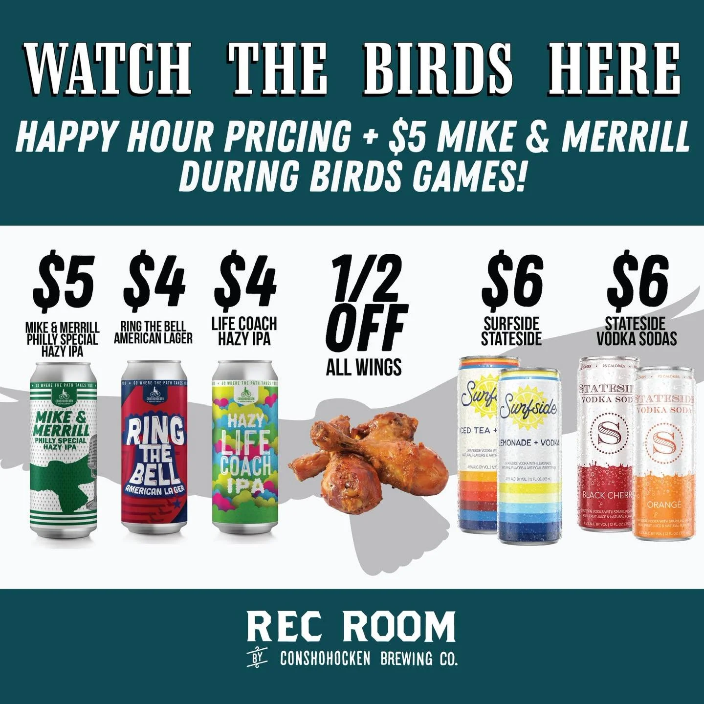 Sunday night at Rec Room!! Kickoff is at 8:15, with Happy Hour specials plus $5 Mike &amp; Merril drafts. The kitchen is open til 9, so come in early and fuel up.

GO BIRDS! 🦅💚