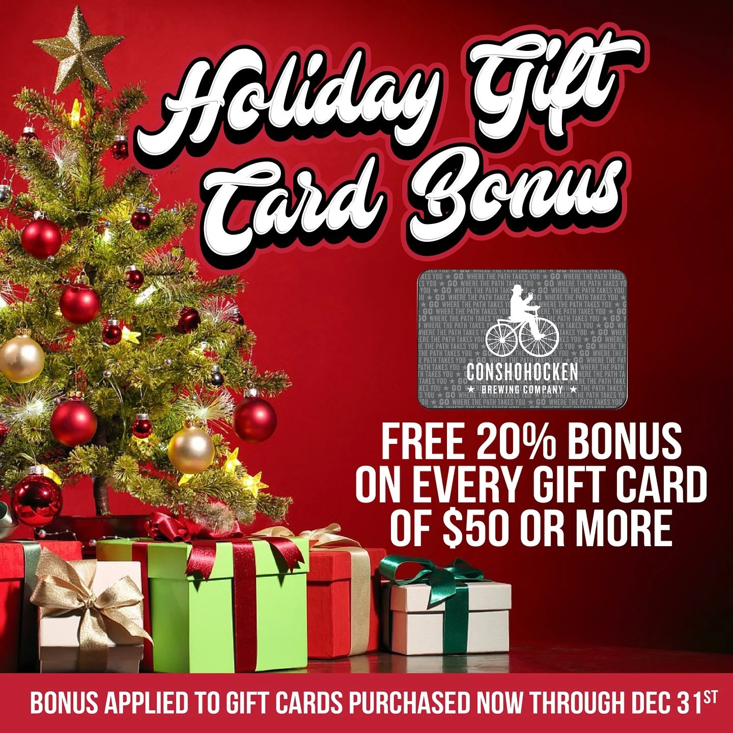 Celebrate the season with a 𝐆𝐈𝐅𝐓 𝐂𝐀𝐑𝐃 𝐁𝐎𝐍𝐔𝐒! 🎁 From now until 12/31, receive a 20% bonus with every $50+ gift card. Grab yours at any of our locations, or order on the website and have it shipped

Happy Holidays, friends! 🍻 

*Gift car