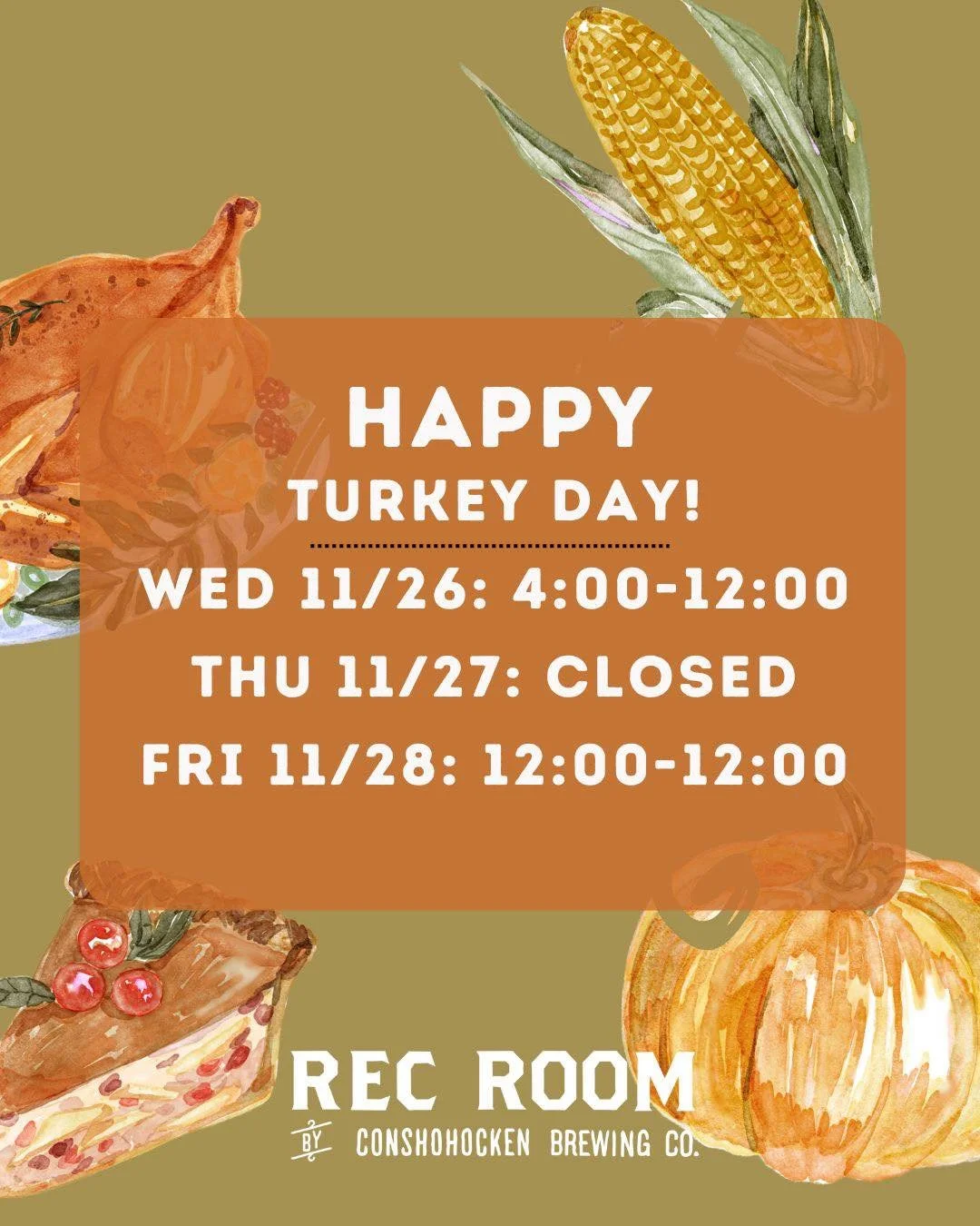 Rec Room is rolling into Thanksgiving week with plenty of good food, cold beer, and games all week long. We&rsquo;ll be closed on Thanksgiving, but catch us before or after the holiday 🦃🍻