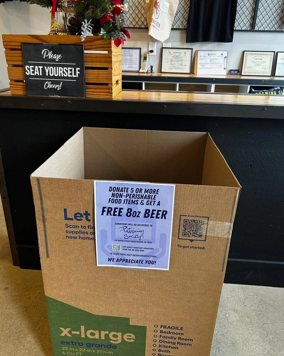 Let&rsquo;s fill this box, KOP! 🎁 Drop off 5+ non-perishables and we&rsquo;ll pour you a free 8oz beer as a thank-you.

Every item goes to the @patriciansociety to help our neighbors right here in Montgomery County. 

We appreciate you! ❤️