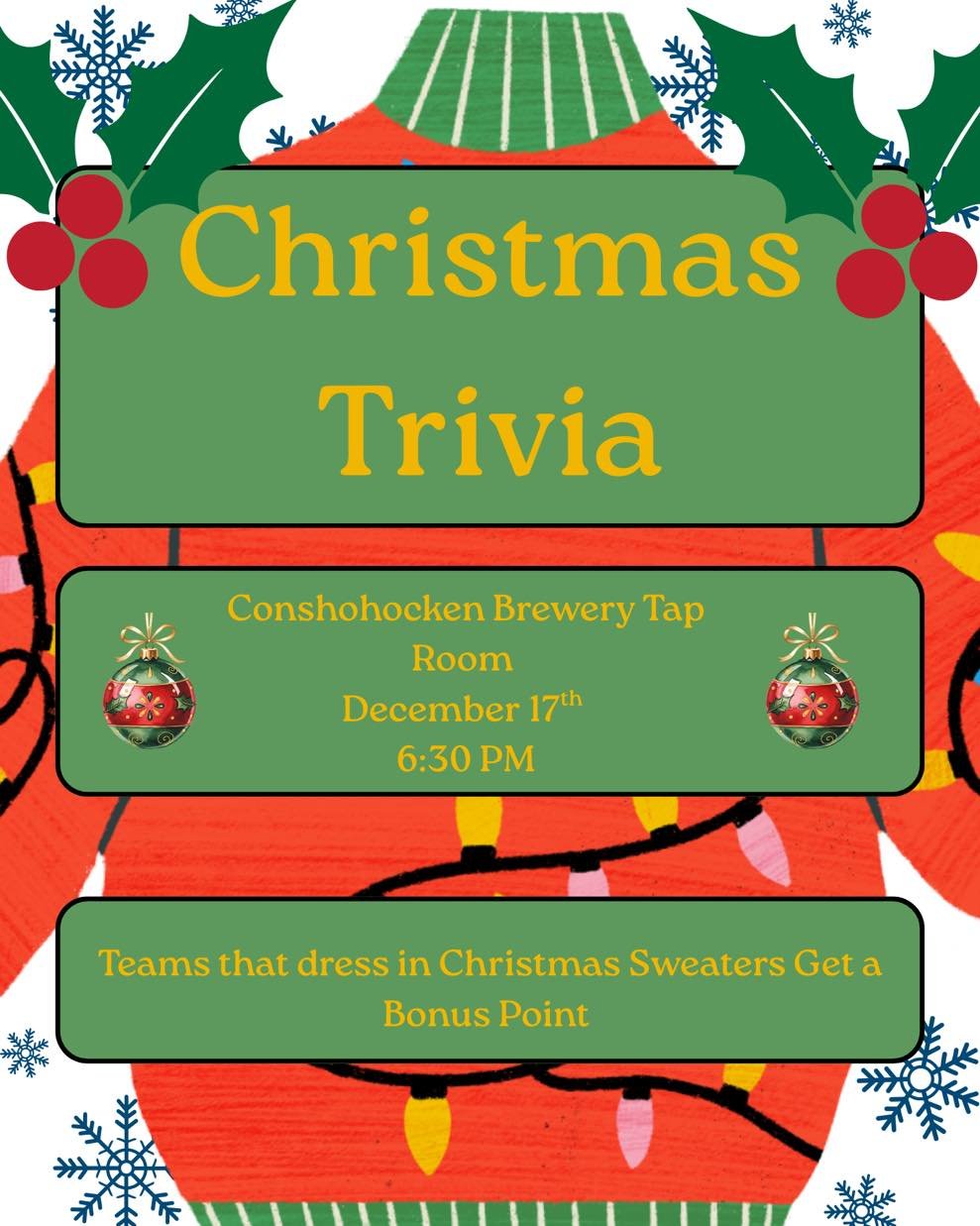 🎄✨ It&rsquo;s a holly-jolly trivia night at the Conshy Tap Room! ✨🎄

Christmas Trivia is TONIGHT 🎅
🕡 6:30 PM

Round up your elves, grab a drink, and show off those holiday smarts. 🎁🎄 Bonus point for teams rocking their best Christmas sweaters.
