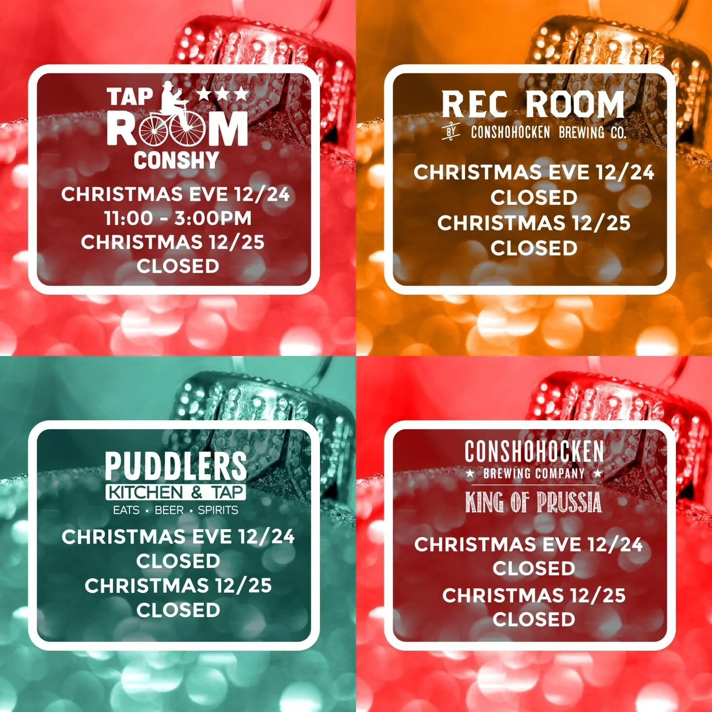 Here&rsquo;s the scoop on our Christmas Eve &amp; Christmas hours. @conshohockenbrewingconshy will be open Christmas Eve from 11AM&ndash;3PM, with a little holiday bonus: $9 four-packs while we&rsquo;re open 🎁

Stop by the spots for last-minute beer