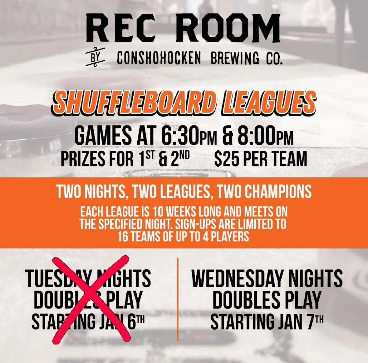 Winter Shuffleboard season kicks off soon!! Teams of 2&ndash;4, 10 weeks of competition, beers, and bragging rights.

The Tuesday league is full, but there are still spots available for Wednesday nights. Hit the link in bio to secure your spot 🙌