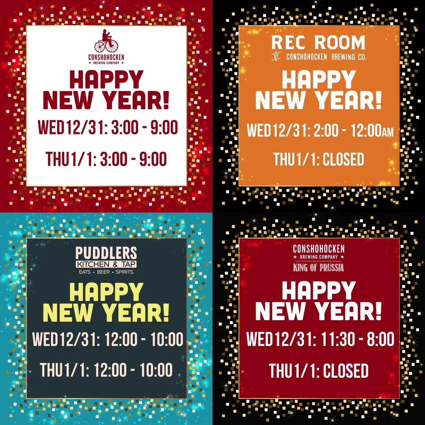 New Year&rsquo;s Eve &amp; New Year&rsquo;s Day hours for all locations are right here &mdash; whether you&rsquo;re toasting early, late, or somewhere in between. Cheers to 2026 from Conshy Brewing! 🍻

@conshohockenbrewingconshy 
@recroomphoenixvill