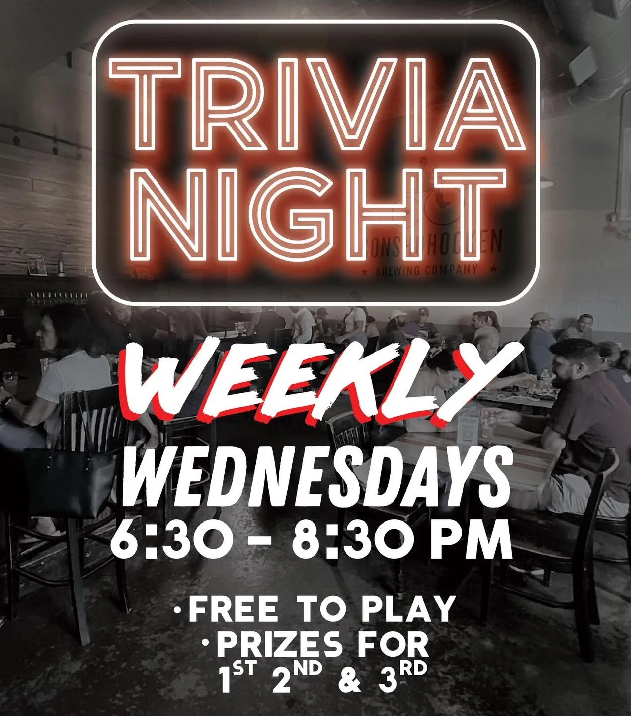 Hey Conshy, we&rsquo;re back at it this week! Trivia starts at 6:30 PM with prizes for 1st, 2nd, and 3rd place. Bring a friend, grab a beer, and come hang 🍻 🧠