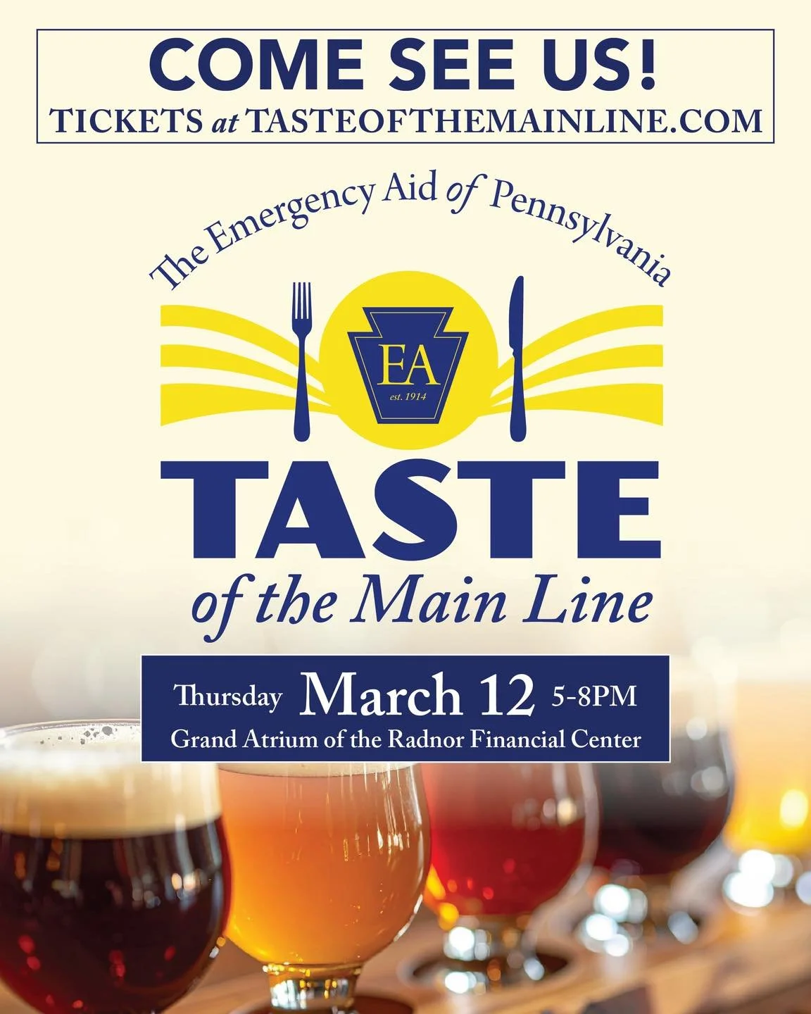 We&rsquo;re pouring at Taste of the Main Line next Thursday, March 12th!

More than two dozen local spots will be there serving samples of their food, cocktails, and beer, all under one roof at the Radnor Financial Center. It&rsquo;s a great night to