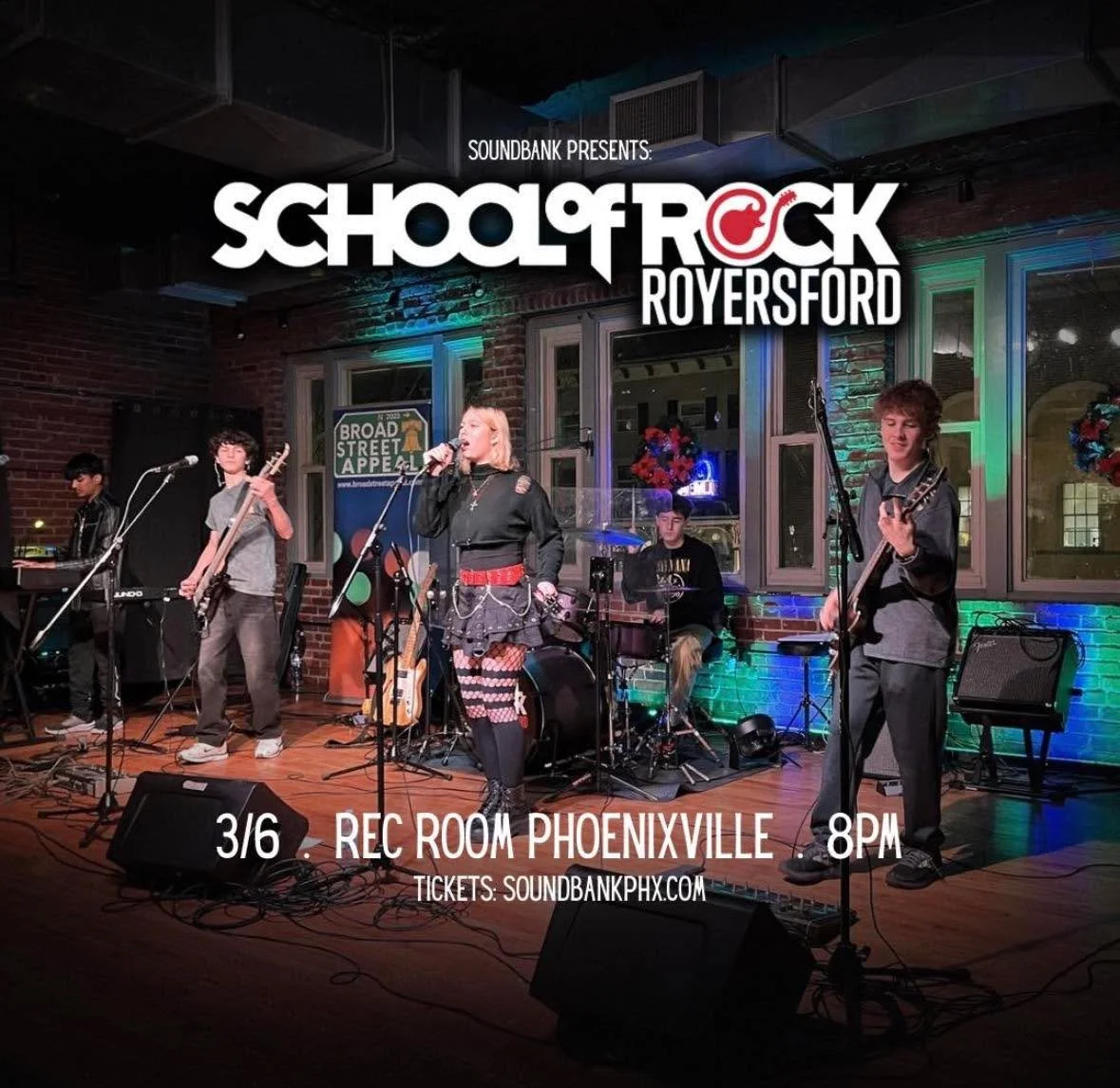 Phoenixville, get ready to rock 🎸

The School of Rock Royersford House Band and Adult Band take over Rec Room tonight for a live show presented by Soundbank. Come support the next generation of local musicians as they bring the energy to the stage.
