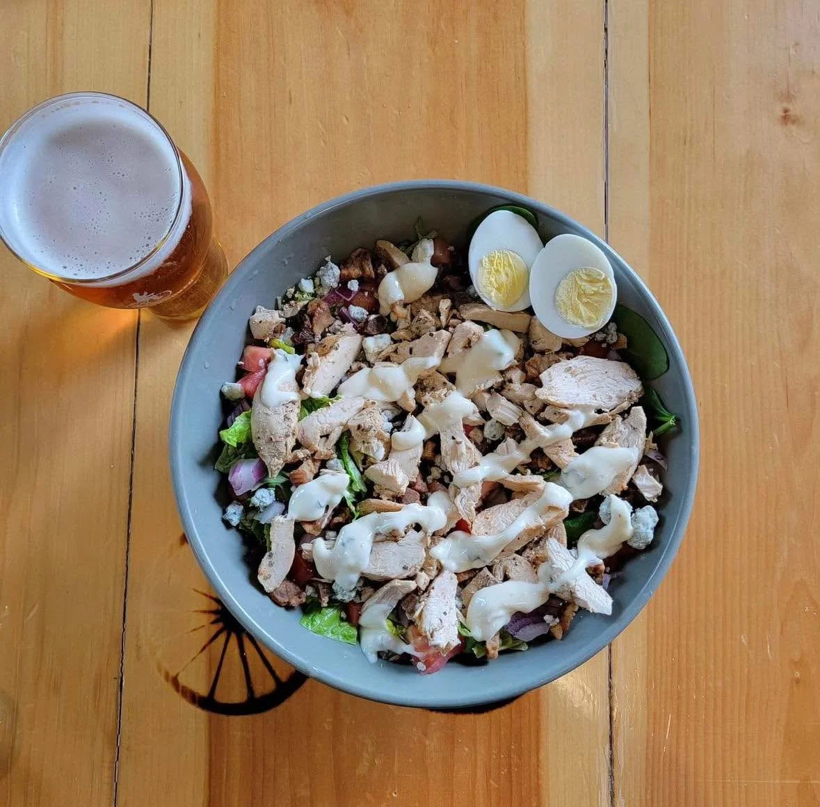 The Town Cobb Salad 🥗 Romaine and mixed greens, hard cooked egg, diced tomatoes, red onion, bacon, Gorgonzola, and sweet basil dressing- big, fresh and delicious for lunch or dinner 🙌