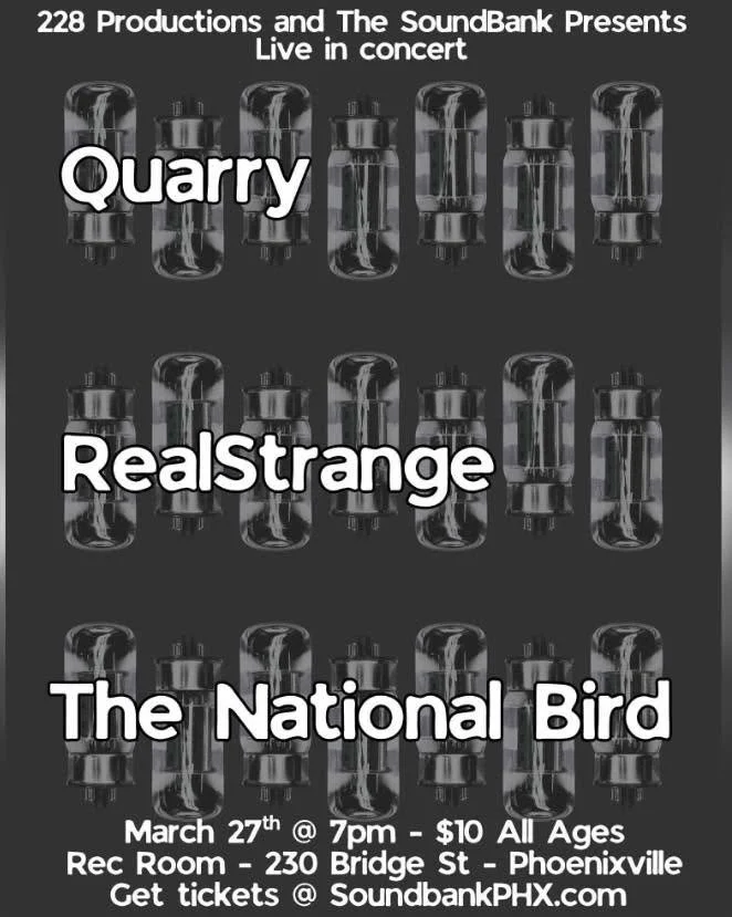Live music upstairs tonight 🎸

@soundbankpresents teams up with 228 Productions for a full night of rock on Bridge Street. Quarry, RealStrange, and The National Bird kick things off at 8pm.

Doors at 7, tunes 8&ndash;11. Get your tix at soundbankphx