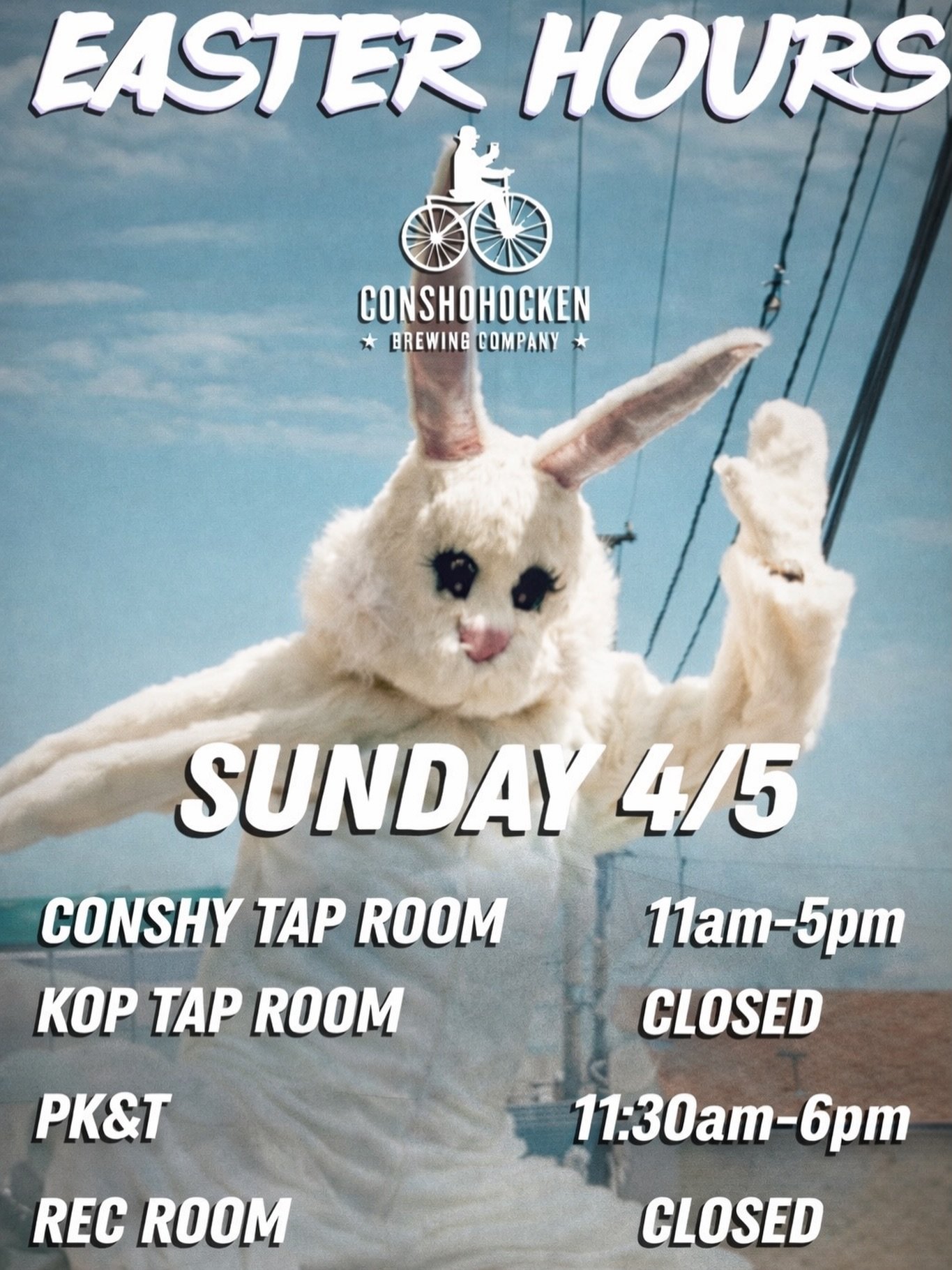 Hey peeps🐥 &mdash; just a heads up on our Easter Sunday hours!

@recroomphoenixville and @conshohockenbrewingkop will be closed, but @conshohockenbrewingconshy and @puddlerskitchenbridgeport are open for all your food, beverage, and takeout beer nee
