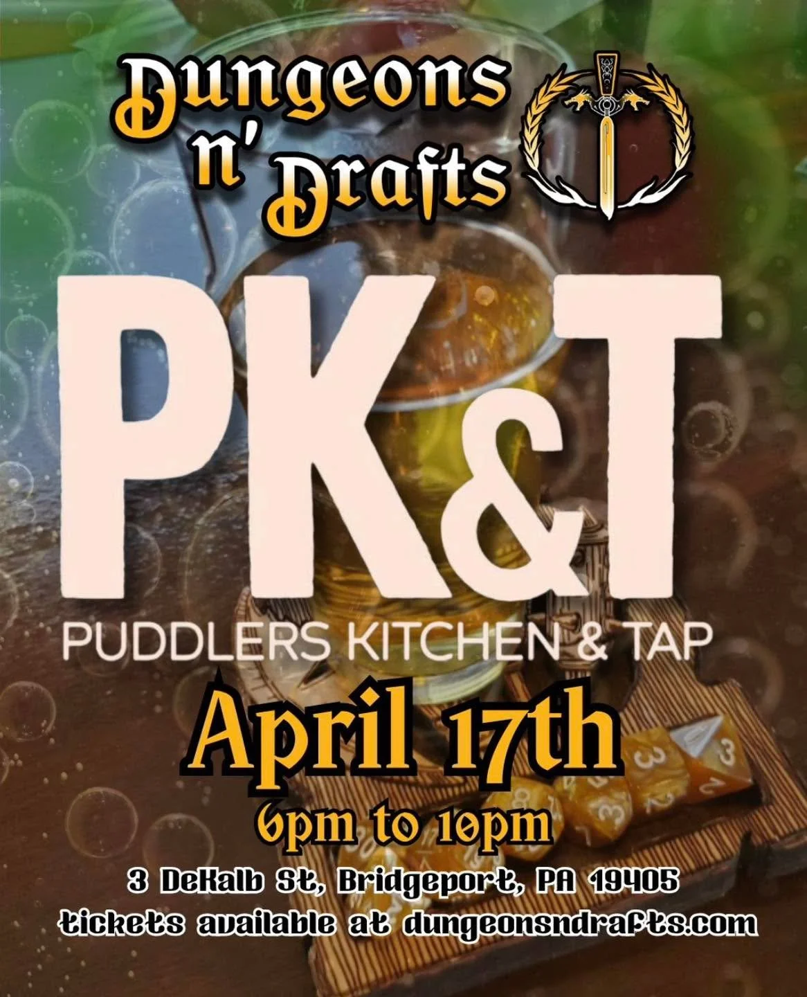 Roll for initiative and meet us at Puddlers Kitchen &amp; Tap on Friday, April 17 from 6&ndash;10pm for @dungeons.n.drafts.phl. Bring your friends, grab a pint, and settle in for a night of adventure. 

Tickets available now at dungeonsndrafts.com
