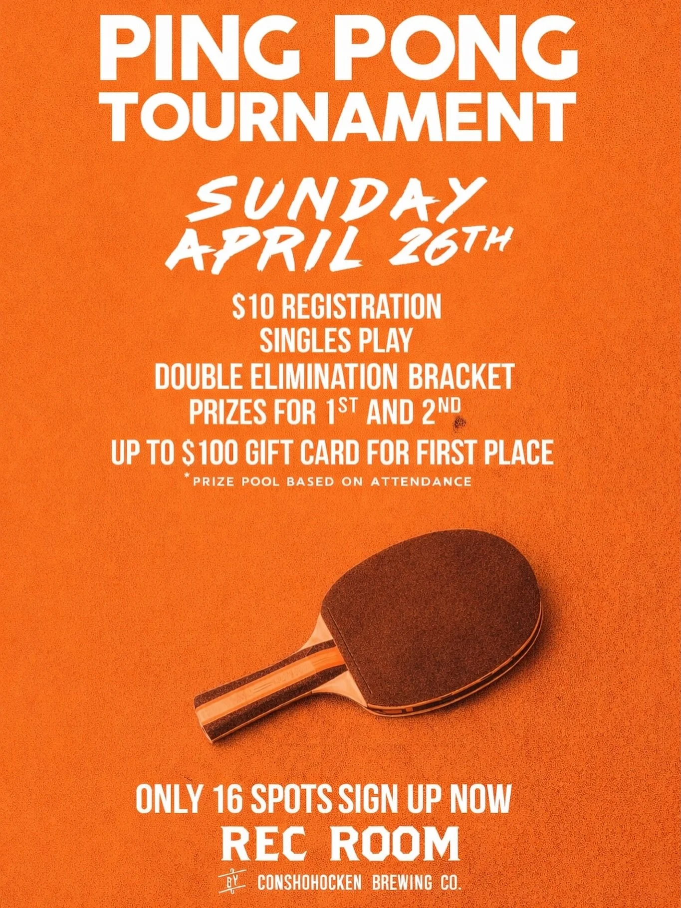 Think you&rsquo;ve got what it takes to be the Rec Room Ping Pong Champ? 🏓 

Join us Sunday, 4/26 for a little friendly competition. Registration is $10, singles only, and the bracket is double elimination.

Our grand champion takes home up to a $10
