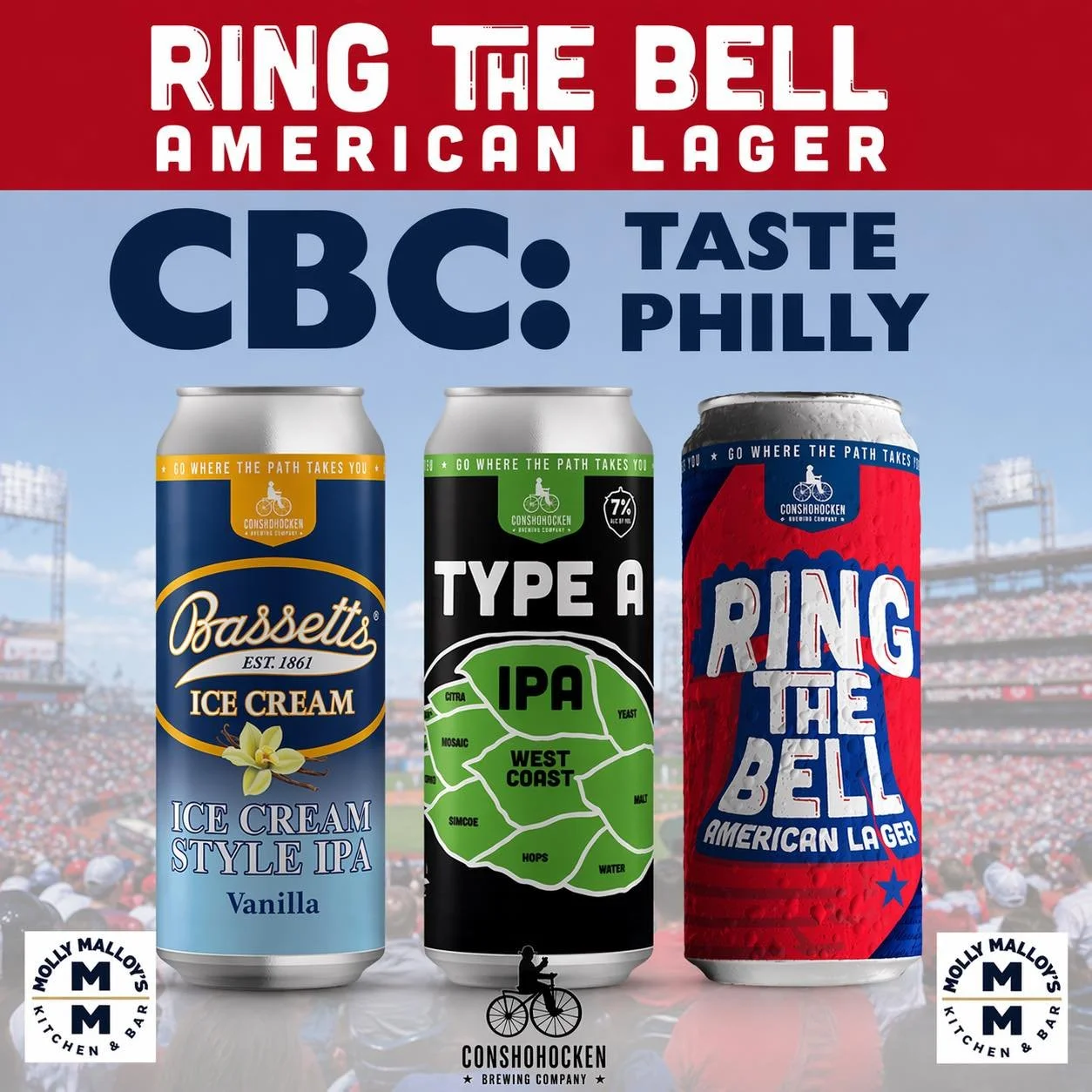 Welcome to Philly, CBC! 🔔🍻

Catch us today at @mollymalloys from 3&ndash;5:00 PM. We&rsquo;ll be pouring Ring the Bell, Type A, and Bassett&rsquo;s Vanilla.

Craft Brewers Conference visitors, Philly locals, and anyone in need of an afternoon beer&