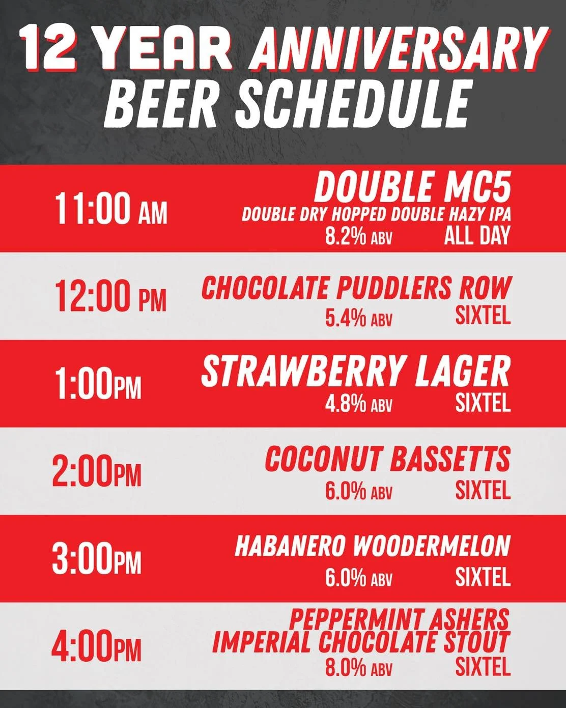 It&rsquo;s our 12th birthday, and we&rsquo;re celebrating this Sunday at @conshohockenbrewingconshy with limited edition beers tapping every hour (peep the lineup 👀). From Double MC5 kicking things off to that Peppermint Asher&rsquo;s stout to close
