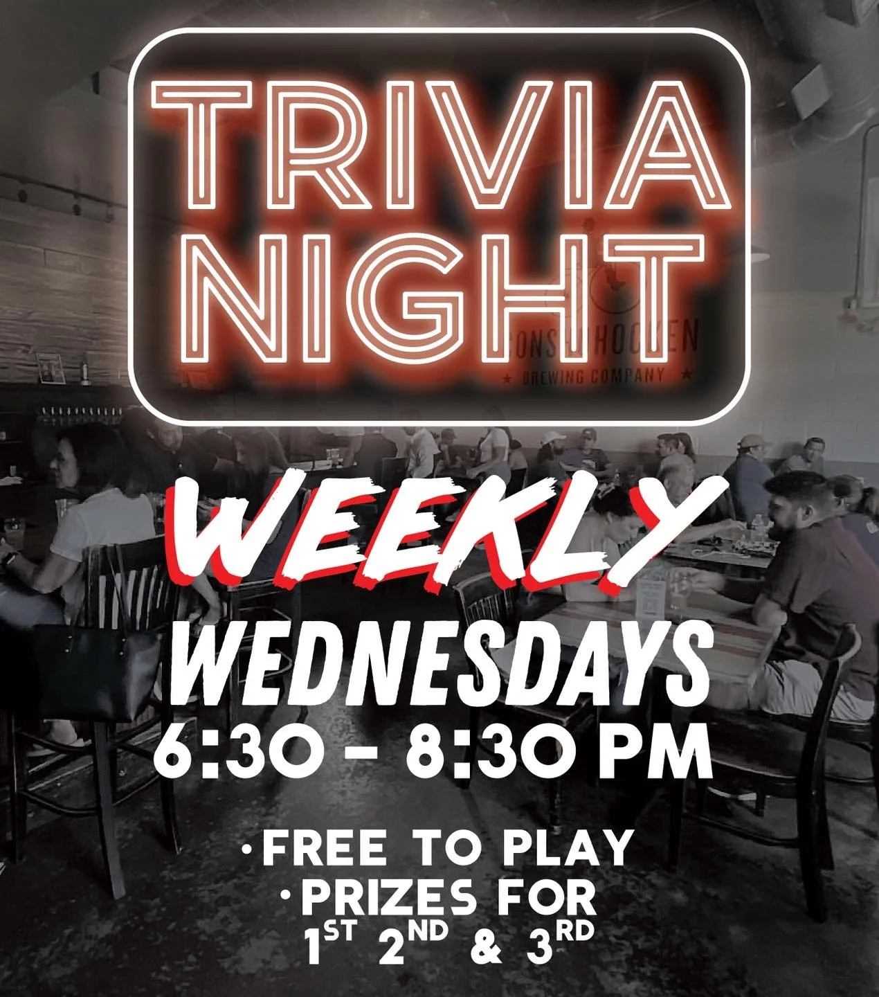 Put that random knowledge to good use!

Join us at the Conshy Tap Room every Wednesday for Trivia Night at 6:30 PM. Prizes for the top teams and plenty of beer to help with the thinking 🧠 🍻