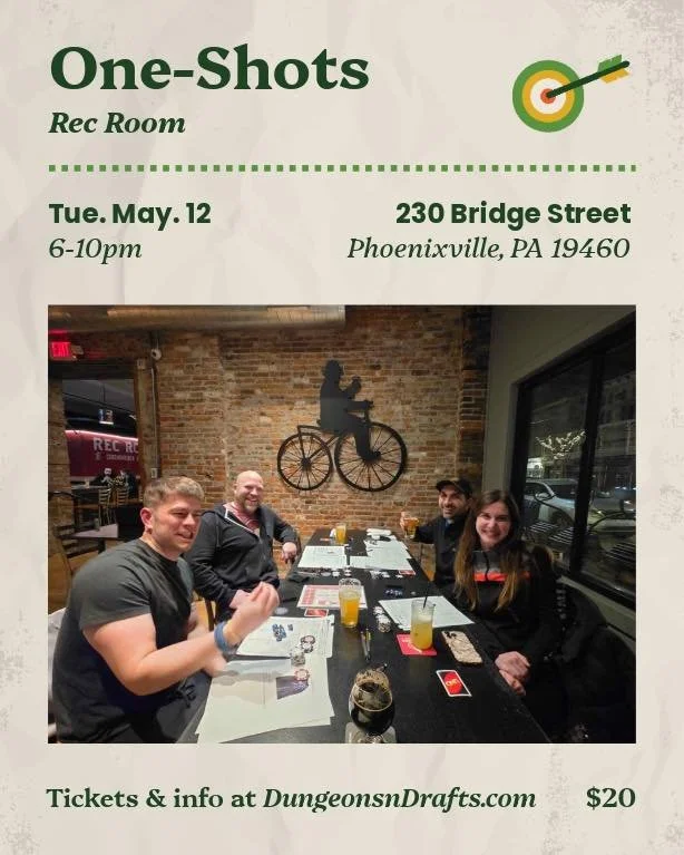 Grab a beer and get your game on 🍻🎲 @dungeons.n.drafts.phl returns to Rec Room on Tuesday, May 12 from 6&ndash;10 PM for a night of one-shot adventures, drinks, and good hangs.

No experience needed, just show up ready for a fun night with friends 
