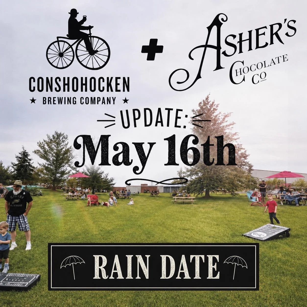 The weather isn&rsquo;t cooperating this weekend, so we&rsquo;re rolling with our rain date ☔️ The first  @asherschocolates Beer Garden of the season is now happening 𝐒𝐚𝐭𝐮𝐫𝐝𝐚𝐲, 𝐌𝐚𝐲 𝟏𝟔𝐭𝐡. Same great beer, food, and lawn hangs&hellip; ju