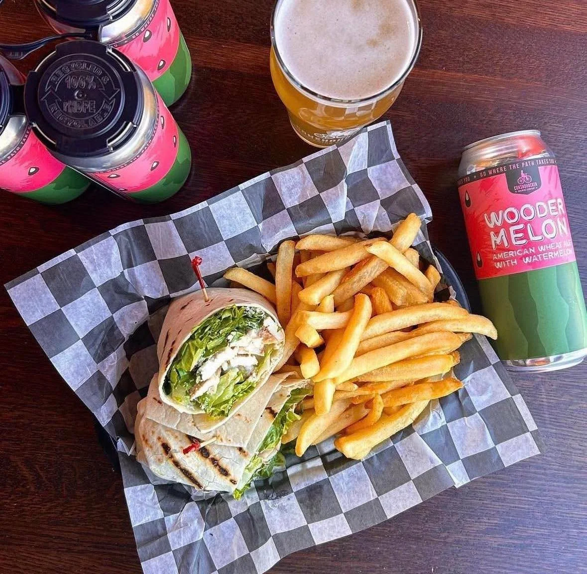 Kickoff your lunch break with a refreshing pint of Woodermelon 🍉 and our delicious chicken Caesar wrap, &ldquo;It&rsquo;s a Wrap&rdquo; 🌯 The perfect lunch combo 🙌