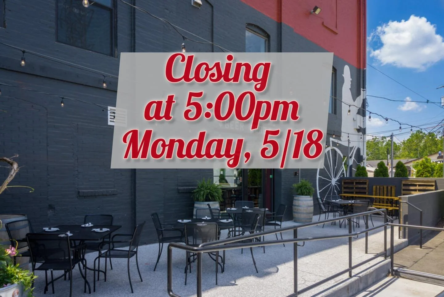 Heads up! PK&amp;T will be closing a little early at 5:00PM on Monday, 5/18 for a private event. Swing by before then for lunch and drinks to kickoff your week 🍻