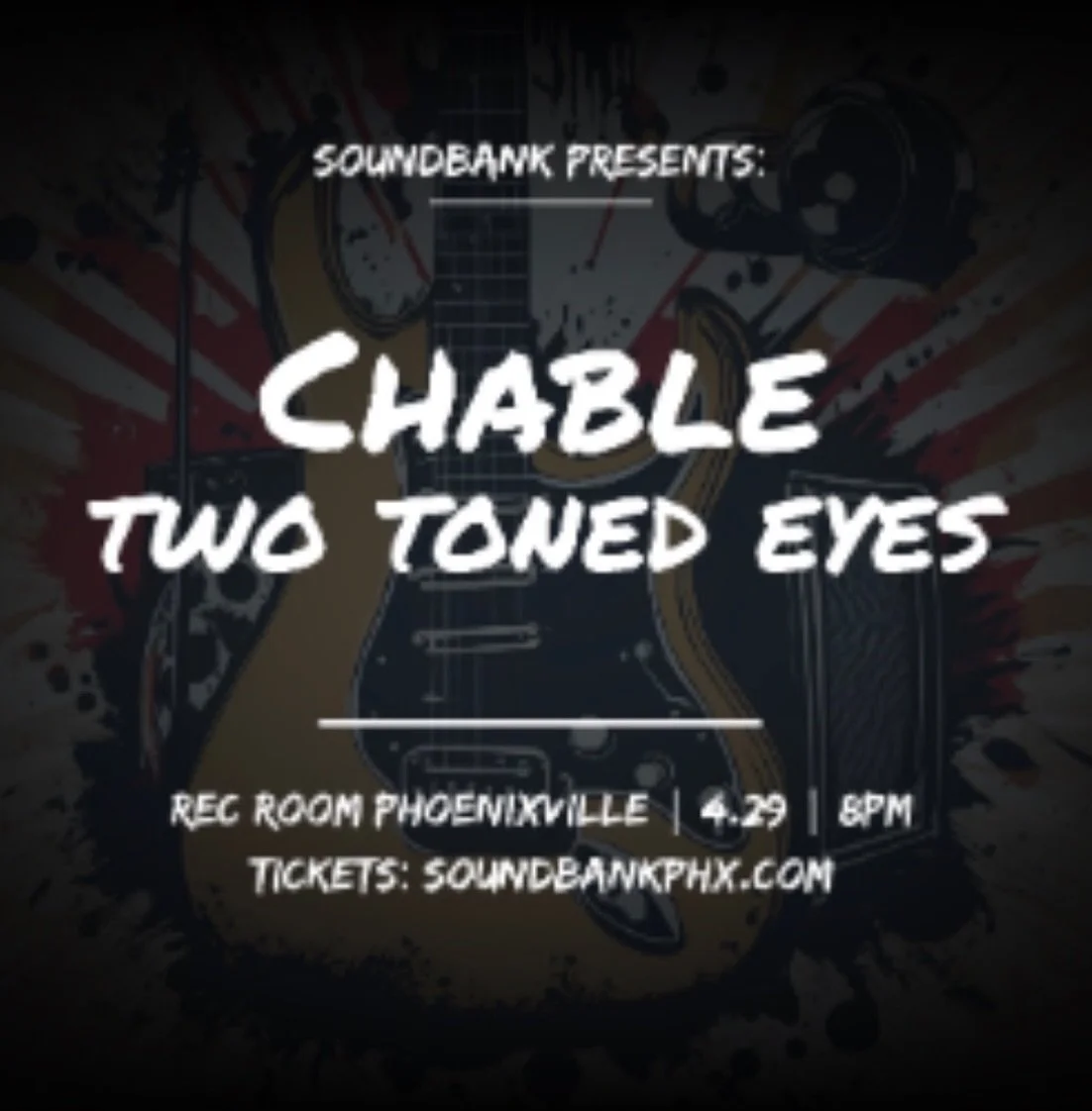 @soundbankpresents : Chable with Two Toned Eyes and Pen Name tonight at Rec Room 🎸

A night of indie rock and grunge kicks off at 8PM (doors at 7PM) upstairs in Phoenixville. Grab a drink, catch some live music, and start your weekend right!

Ticket